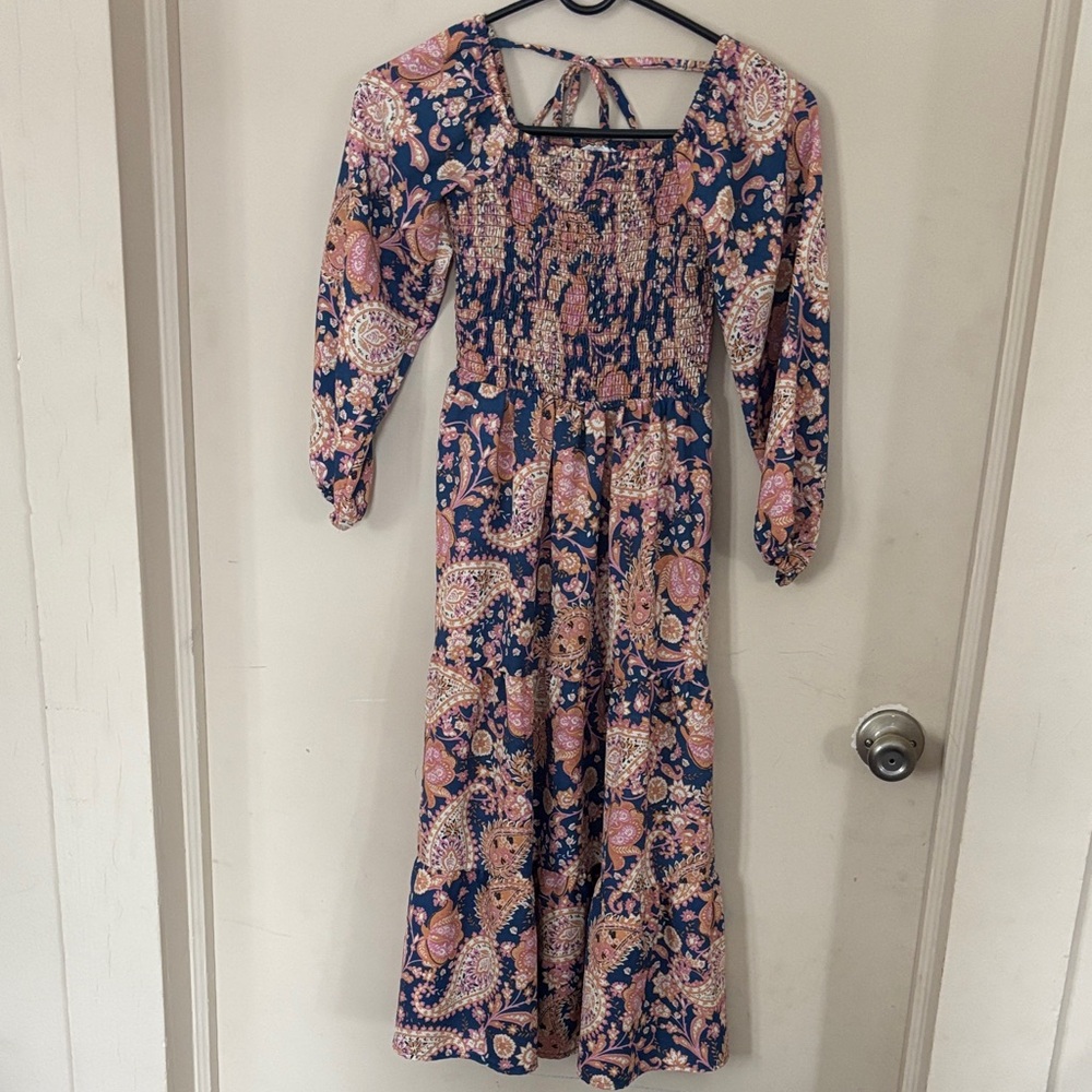 Rare Editions Floral Long Sleeve Dress in Pink and Blue